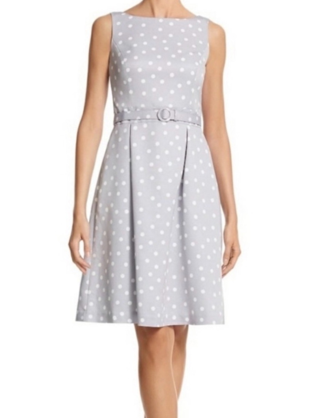 White House Black Market Light Gray Polka Dot Belted Dress